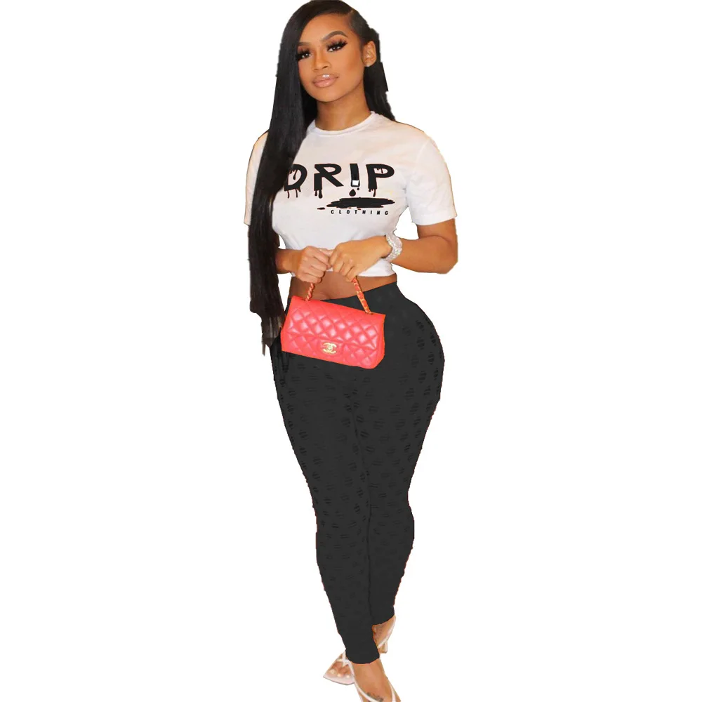 

SSEURAT Women Summer Sexy Sets letter Print Crop Tops Elastic Waist Hollow Out Pants Two Piece Set Party Nightclub Outfits