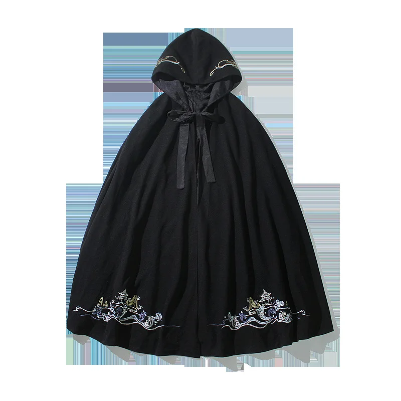 

Chinese Style Men Cloak Embroidery Retro mantle Ancient Cotton Line Coat Cosplay Costume Loose Hooded Stage Performance Clothing
