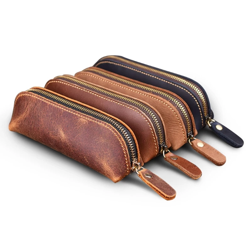 

Handmade Genuine Leather Pencil Bag Vintage Cowhide Zipper Pen Case School Bag Y98A