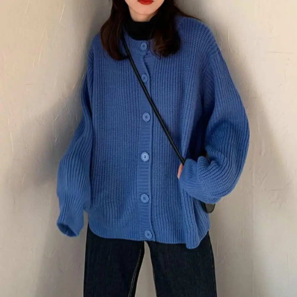 

2022Autumn Retro Round Neck Knitted Cardigan for Women Winter Harajuku Loose Jacket Single-Breasted Long-Sleeved Knitted Sweater