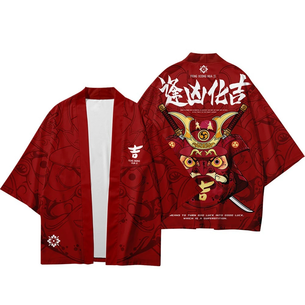 

Men Traditional Samurai Haori Casual Red Print Shirt Sunscreen Kimonos Yukata Japanese Kimono Cardigan Coat Men Streetwear