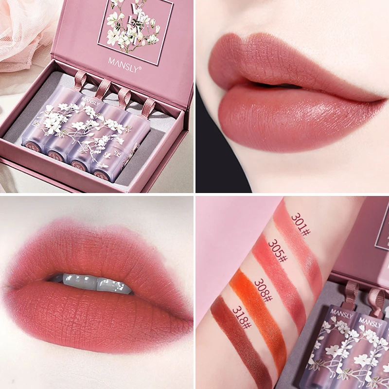 

4pcs Waterproof Not Easy to Fade Lip Glaze Velvet Matte Red Pigment Lipstick Set Sexy Charming Lips Makeup Cosmetic Maquiagem