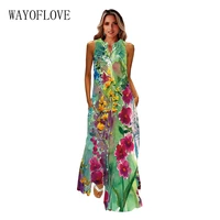 wayoflove floral print green dress women long casual elegant dresses summer woman sleeveless loose beach 2022 maxi womens dress