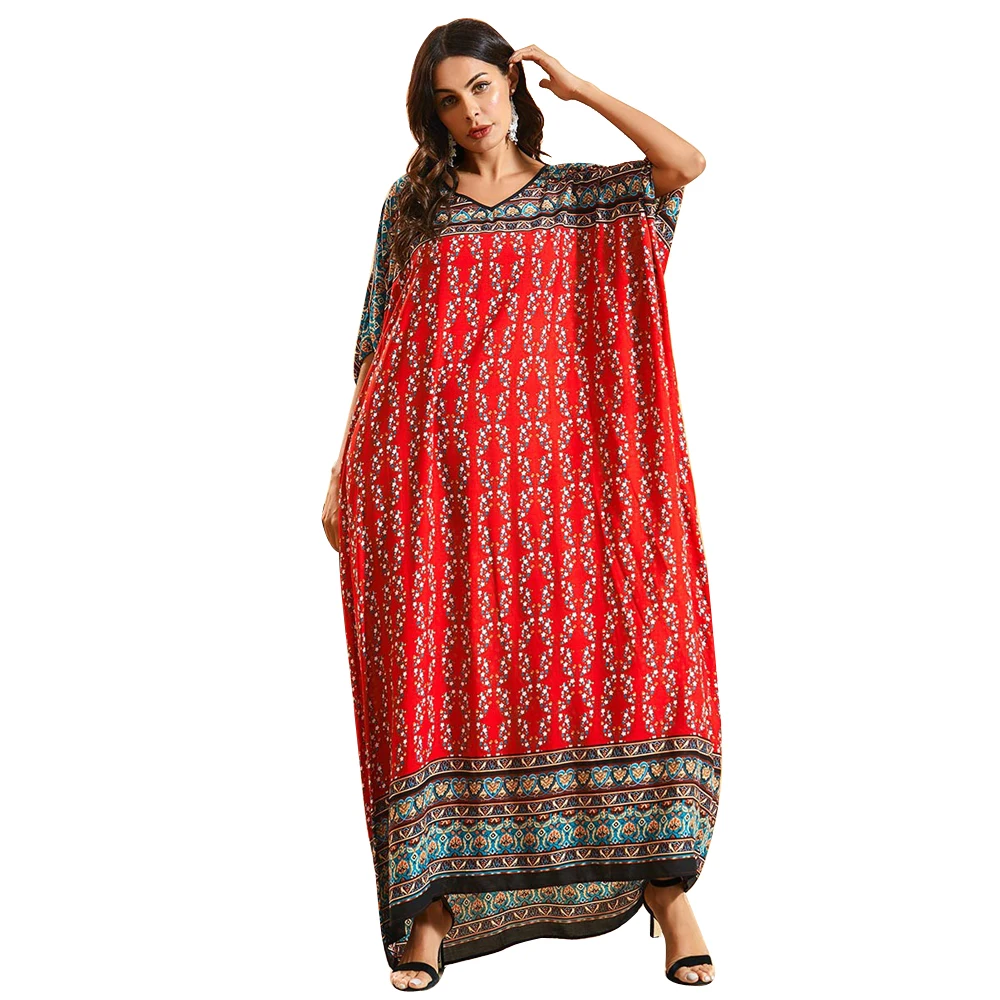 Женское длинное платье кафтан свободное пляжное большого размера с богемным