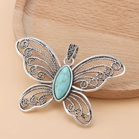 5pcslot silver color large filigree butterfly faux turquoise stone charms pendants for necklace jewelry making accessories