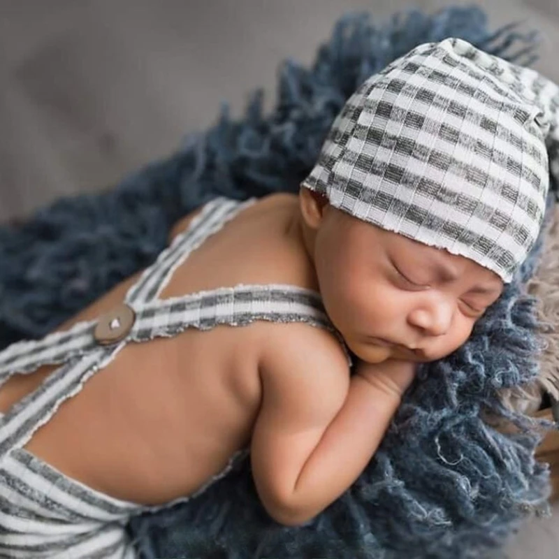 

40JC 2 Pcs Baby Stripe Romper Long Tail Knotted Hat Set Newborn Photography Props Strap Pants Cap Outfits Infants Photo Shooting