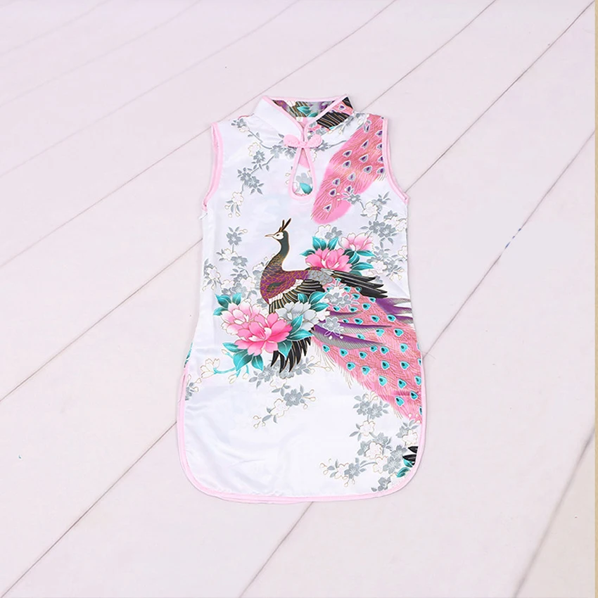 

Chinese New Year Girl Cheongsam Dress Traditional Costumes Satin Silk Peapock Print Sleeveless Kids Girl Qipao Dress Gift