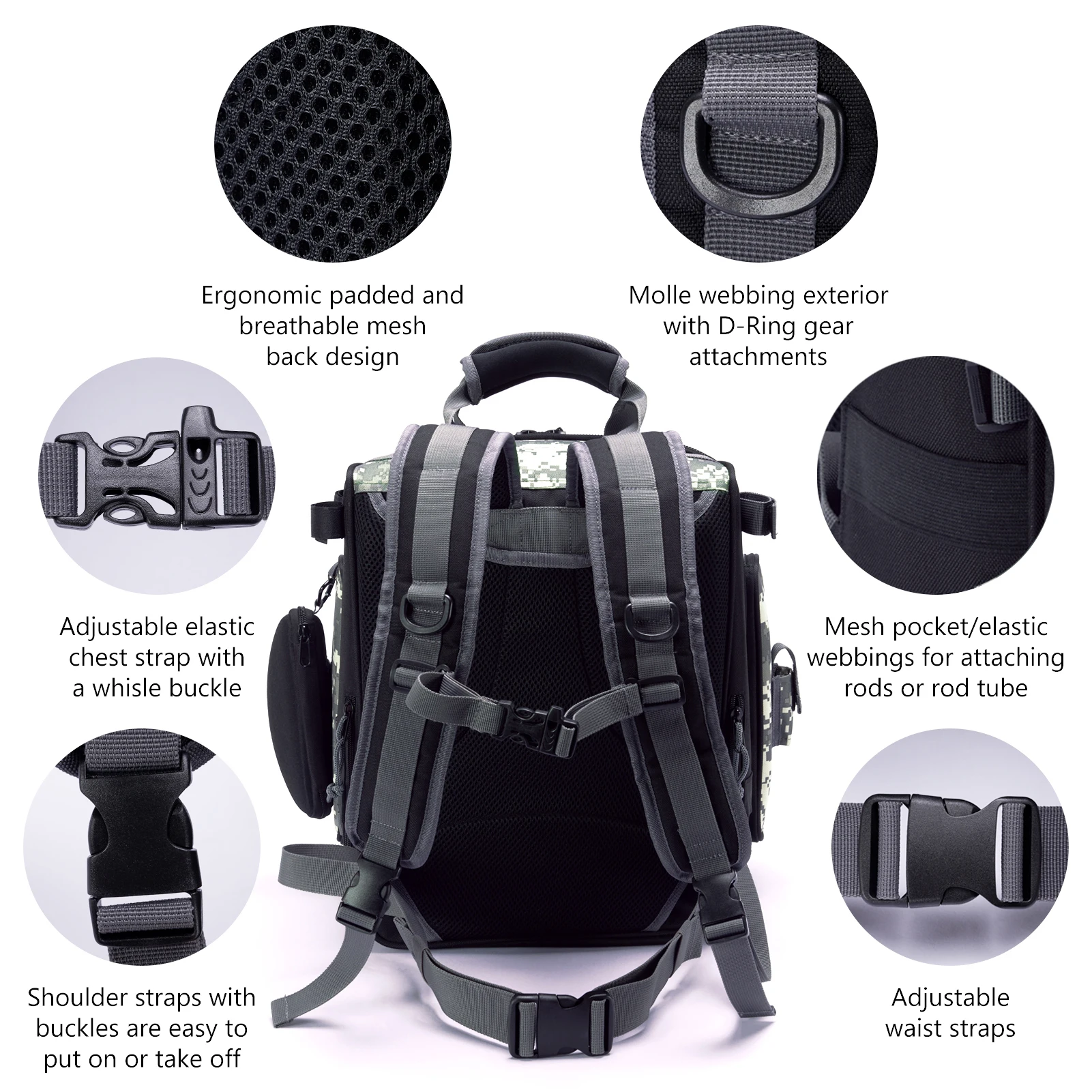 저렴한 Bassdash-FP04 낚시 태클 백팩, 방수 낚시 가방 로드/물병 홀더 포함, 야외 낚시 캠핑용