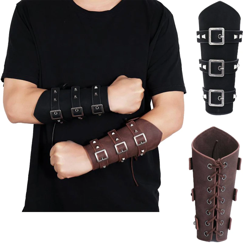 

Medieval Cosplay Props Leather Bracer Viking Armor Arm Warmers Lace-Up Pirate Knight Steampunk Gauntlet Wristband Accessories