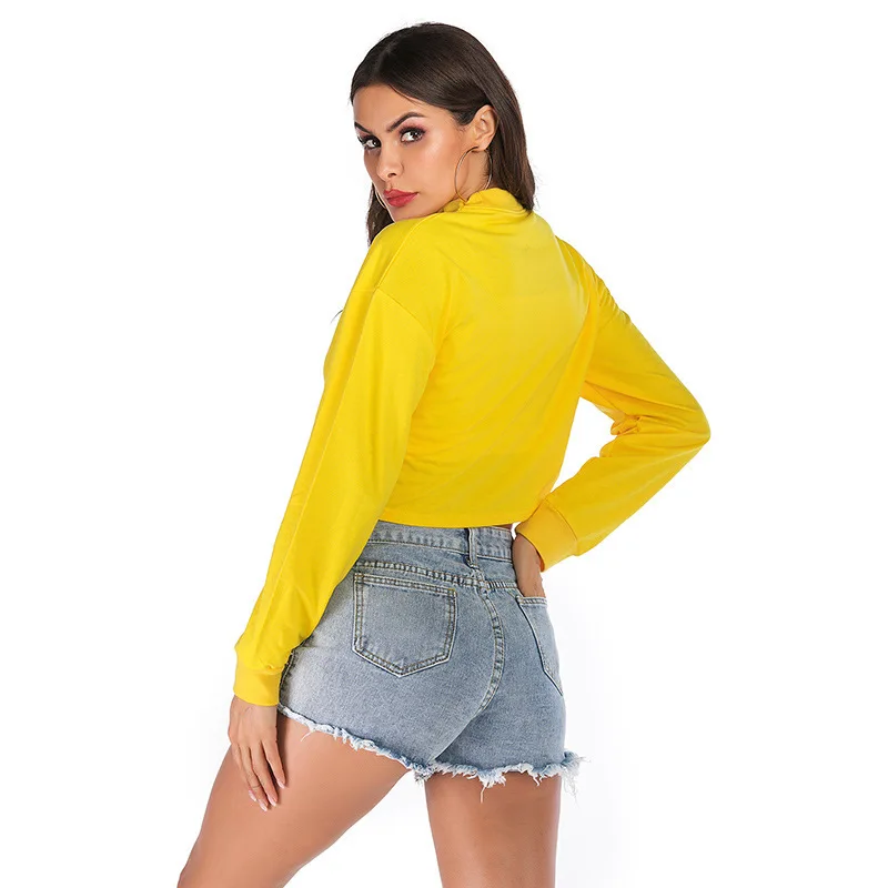 

And American Women's New Open Navel Solid Round Neck Sweater Women's Long Sleeve Short Casual Loose Autumn And Winter
