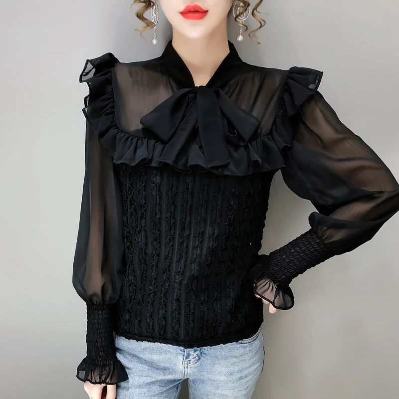 

2021 Autumn Fairy Blusa Feminina White Chiffon Shirt Lantern Sleeve Sweet Ruffled Blouse Lace-up Bow Tie Tassel Bottoming Tops