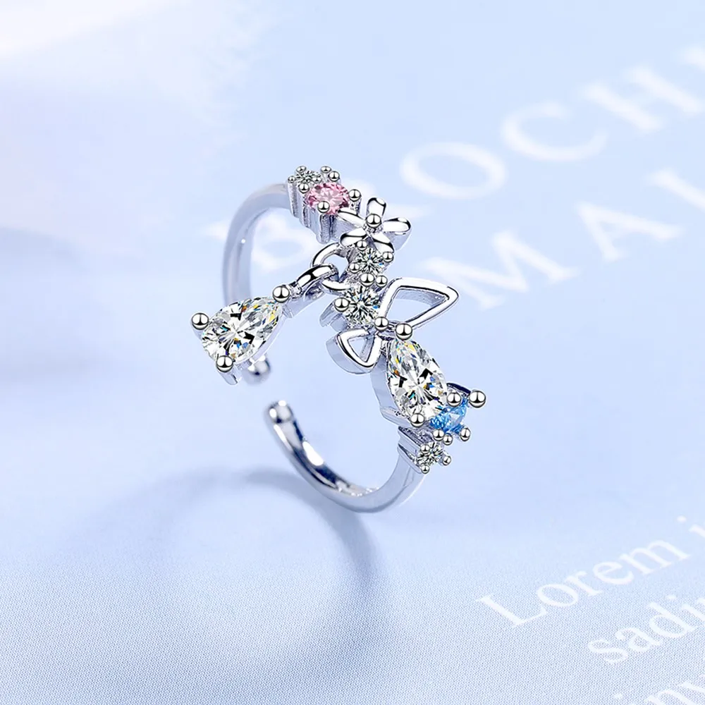 

925 Sterling Silver New Woman Fashion Jewelry High Quality Crystal Zircon Bowknot Flower Ring Open Size Adjustable Ring