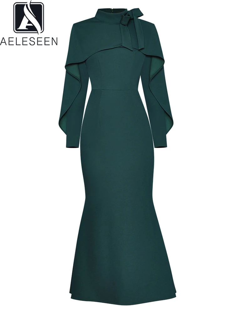 

AELESEEN Fashion Runway 2022 Spring Fashion Dress Women Stand Collar Green Coffee Ruffles Bow Elegant Party Trumpet Vestidos