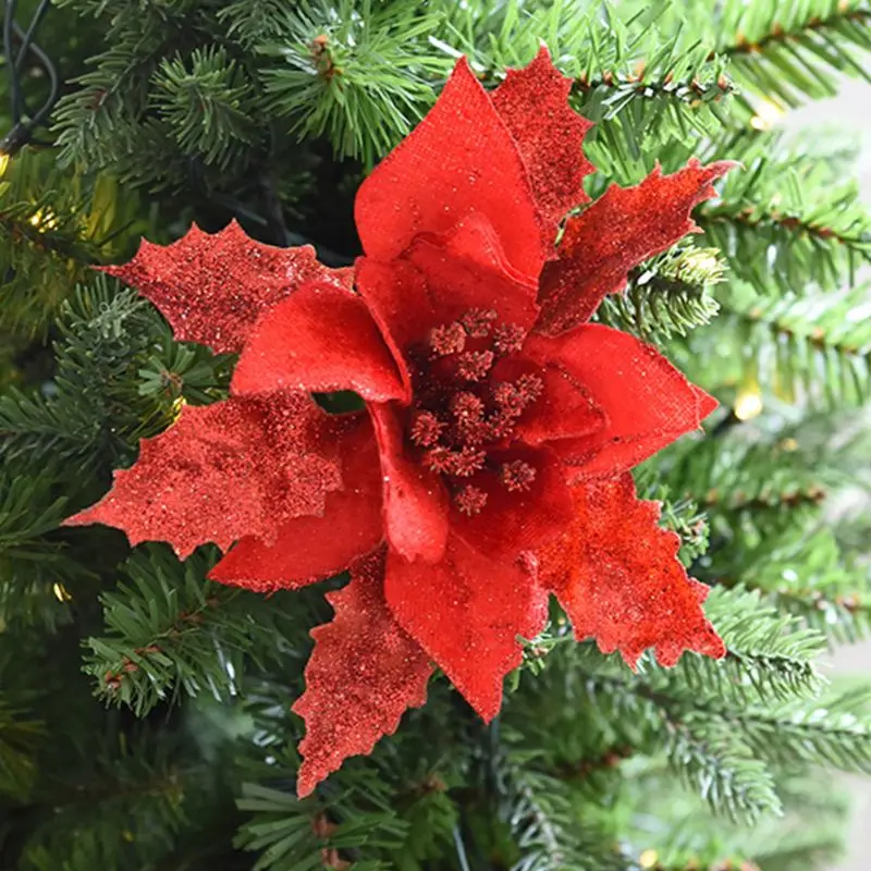 OOTDTY 12 шт. блестящие цветы Поинсеттиа Рождественская елка Poinsettia украшения на Рождество День Святого Валентина новогодний декор с цветами