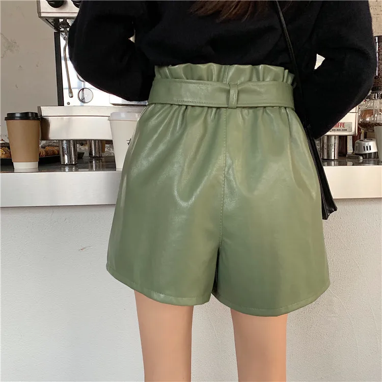 Boyfriend Womens High Waist Faux Leather Shorts Women Black White Green Short Hot Pants Mujer Femme Pu Straight Loose Bermuda