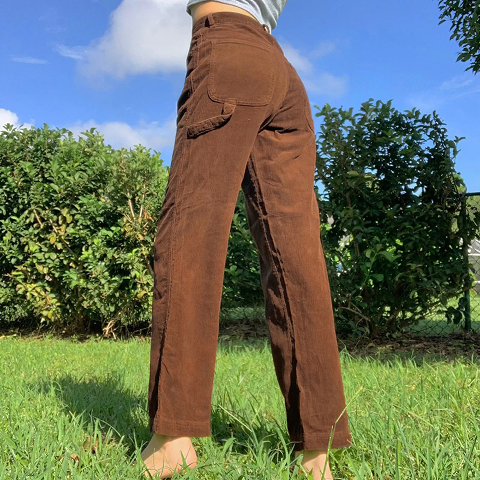 

2021 Women's Pants Fashion Womens Solid Color Mid Waisted Pocket Wide Leg Pants Straight Baggy Trousers Pantalones De Mujer
