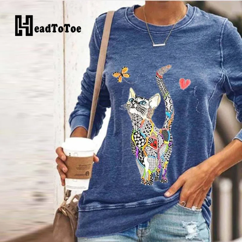 

Loose Casual Fashion Cartoon Cat Print Hoodies Women Full Sleeve Round Neck Sweatshirt Tops