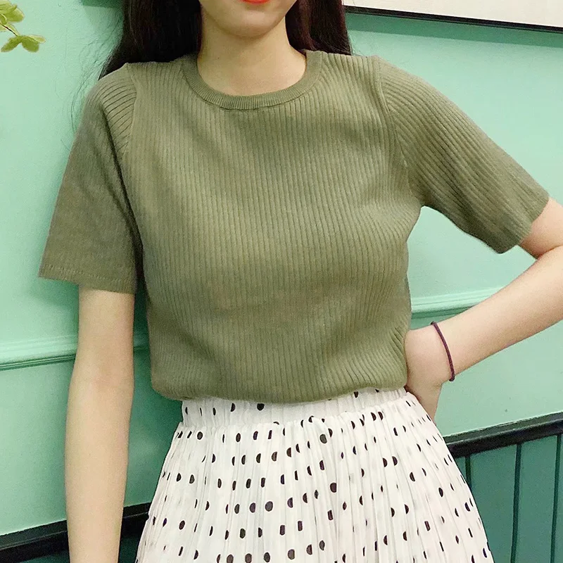 

Женский свободный свитер цвета хаки, однотонный эластичный свитер в Вертикальную Полоску с круглым вырезом и коротким рукавом, лето 2020