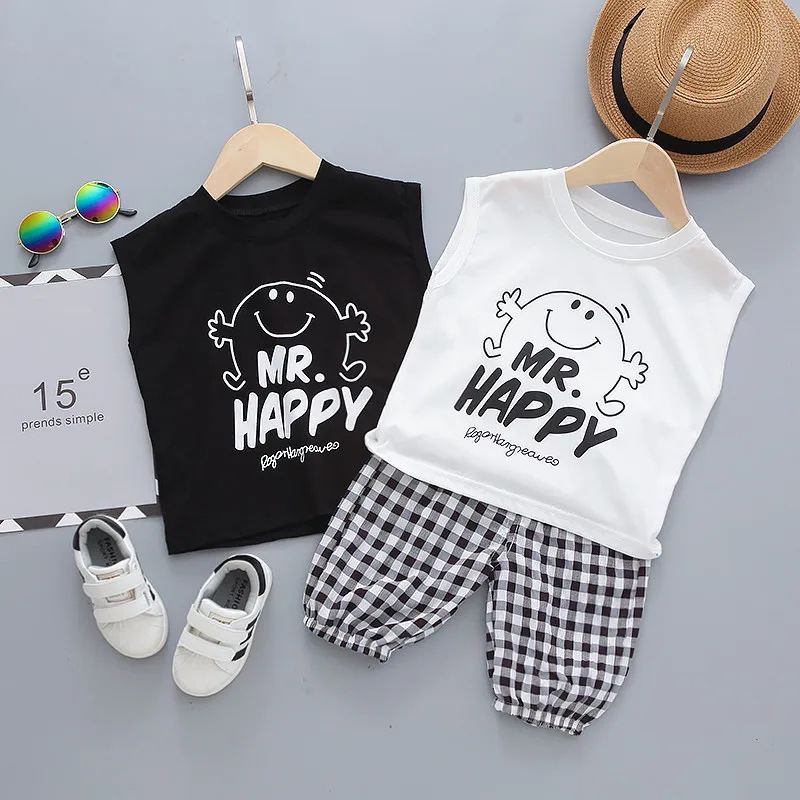 

Children Cotton Cartoon Clothing Sets Boys Cute T Shirt Suit Baby Girls Plaid Pants Clothes Kids Summer Print Clothes Set