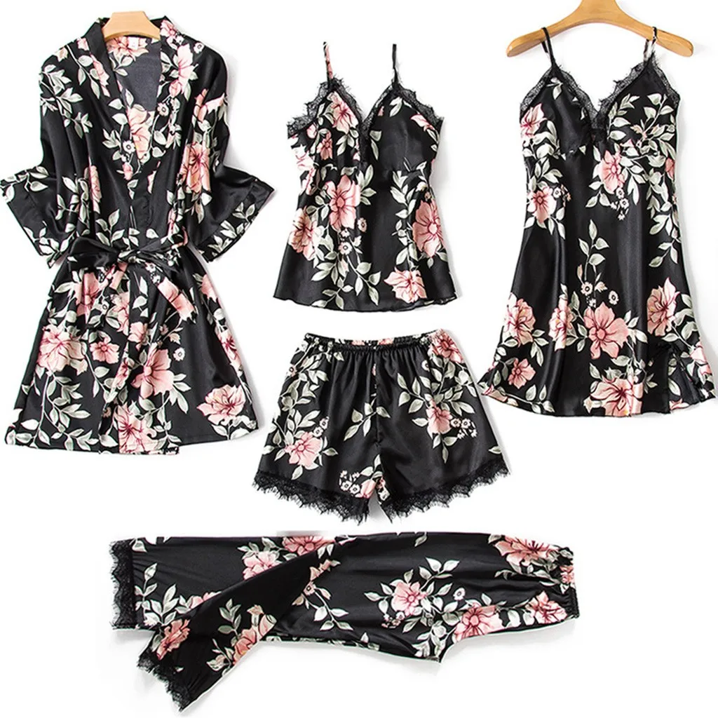 

5Pcs Sexy robe sets Lace Satin Robe Bathrobe Trousers Shorts Lingerie Set Pajamas Sleepwear lingerie satin pajamas dress