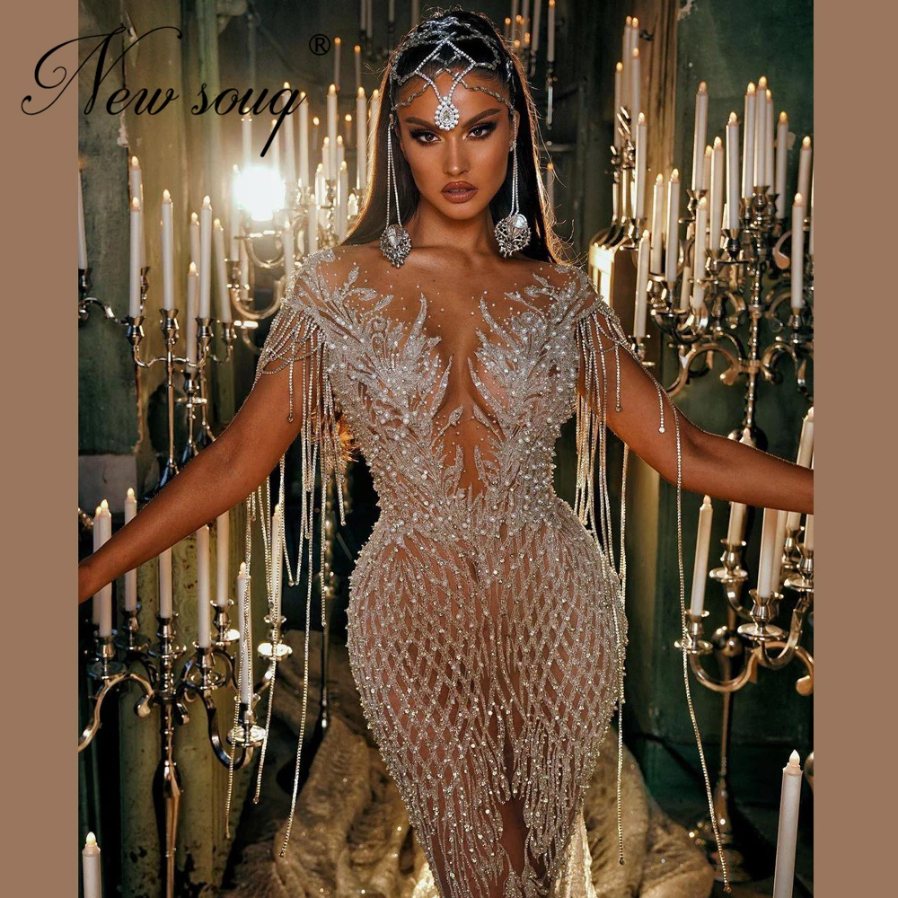 Newest Saudi Arabic Bride Dresses Luxury Crystal Beading Mermaid Long Train Formal Bridal Gowns Wedding Dresses 2021 Dubai Aibye