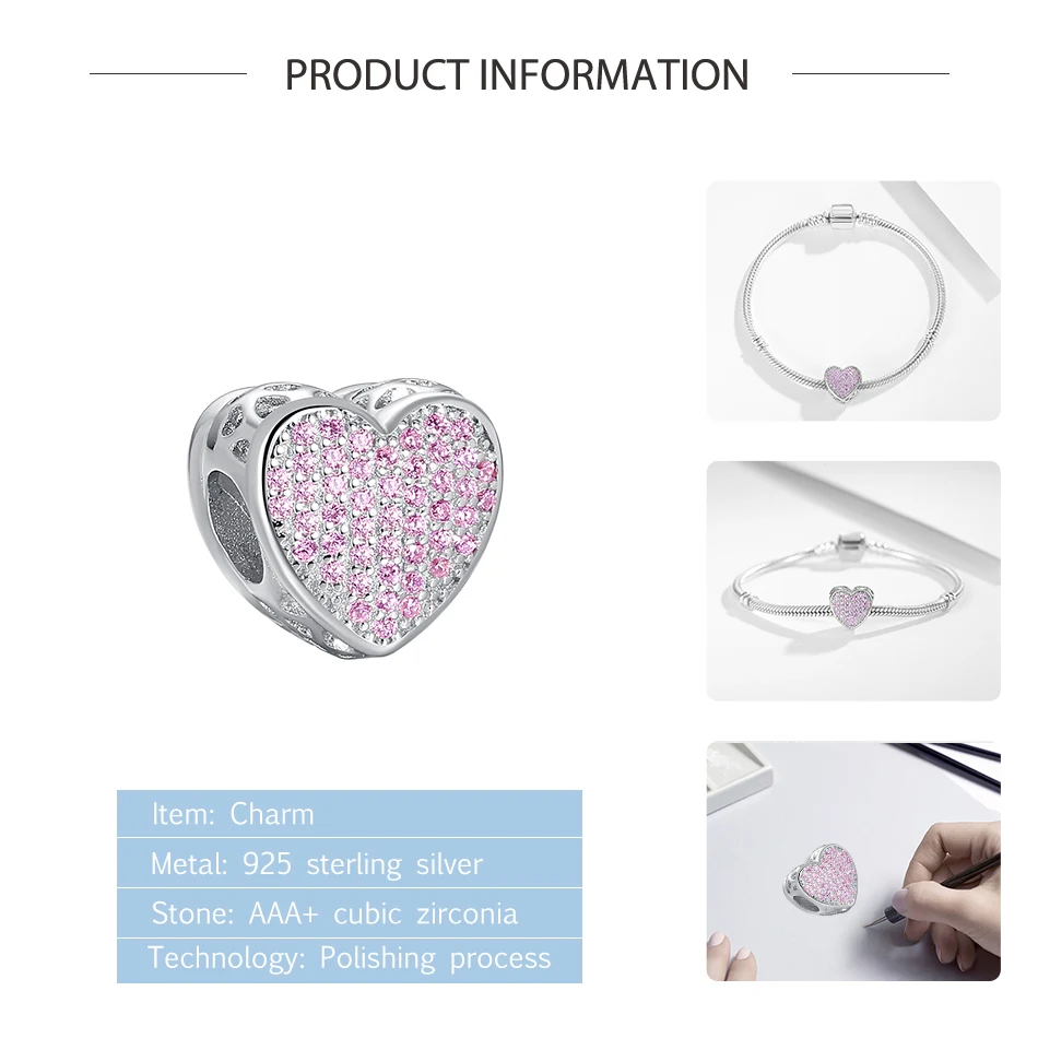 925 Sterling Silver Pink Crystal Heart Beads Charm Fit Original Bracelets Bangles DIY Personalized Custom Photo Wedding Jewelry | Украшения