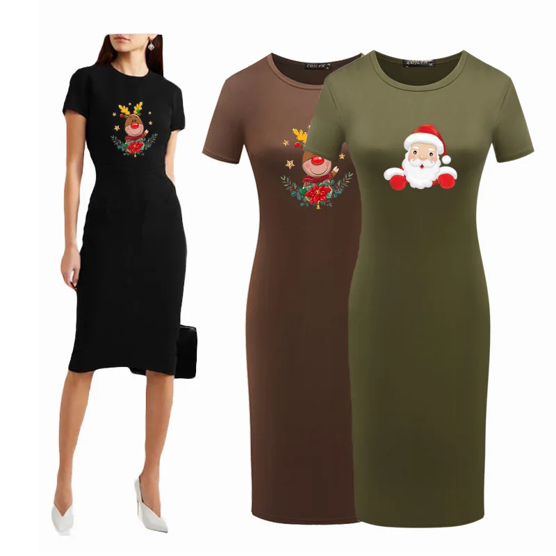 

Summer Women Elegant Christmas Dress Elk Cartoon Vestido Short Sleeve Slim Bodycon Party Tunic Crew Neck Sexy Pencil Sundresses