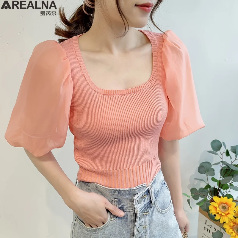 

Тонкая Вязаная шифоновая футболка в стиле пэчворк, женская одежда 2021, летние женские футболки с u-образным вырезом, укороченный топ, сексуал...