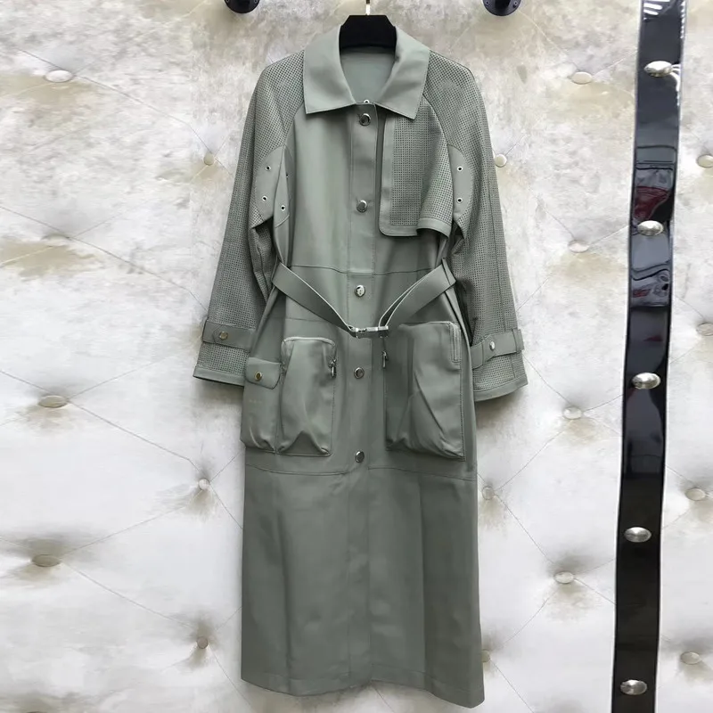 Тренч из натуральной кожи женское модное пальто овчины с поясом новый длинный