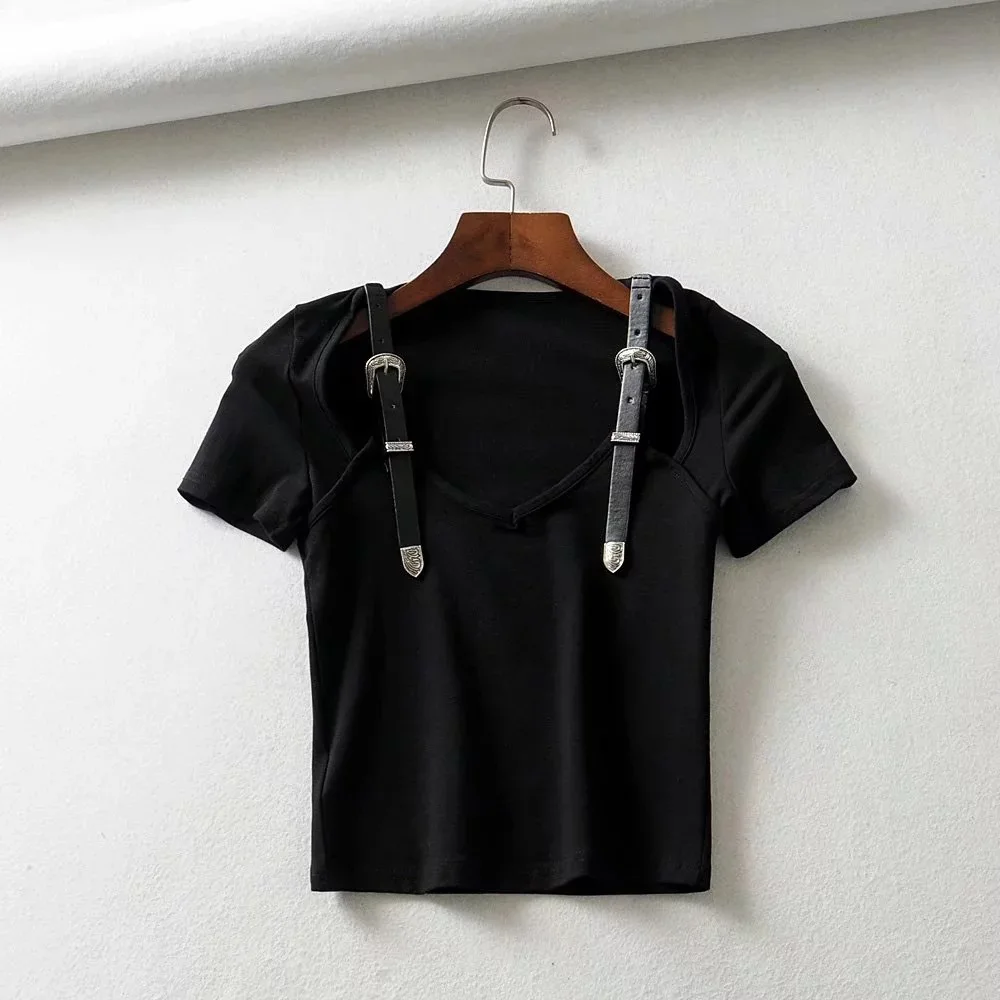 

Womens Cotton Blend Crop Top Gothic Black T-Shirts Summer Short Sleeve T-Shirt With Belt Fashion Street Club Wear Tees Tops 2021