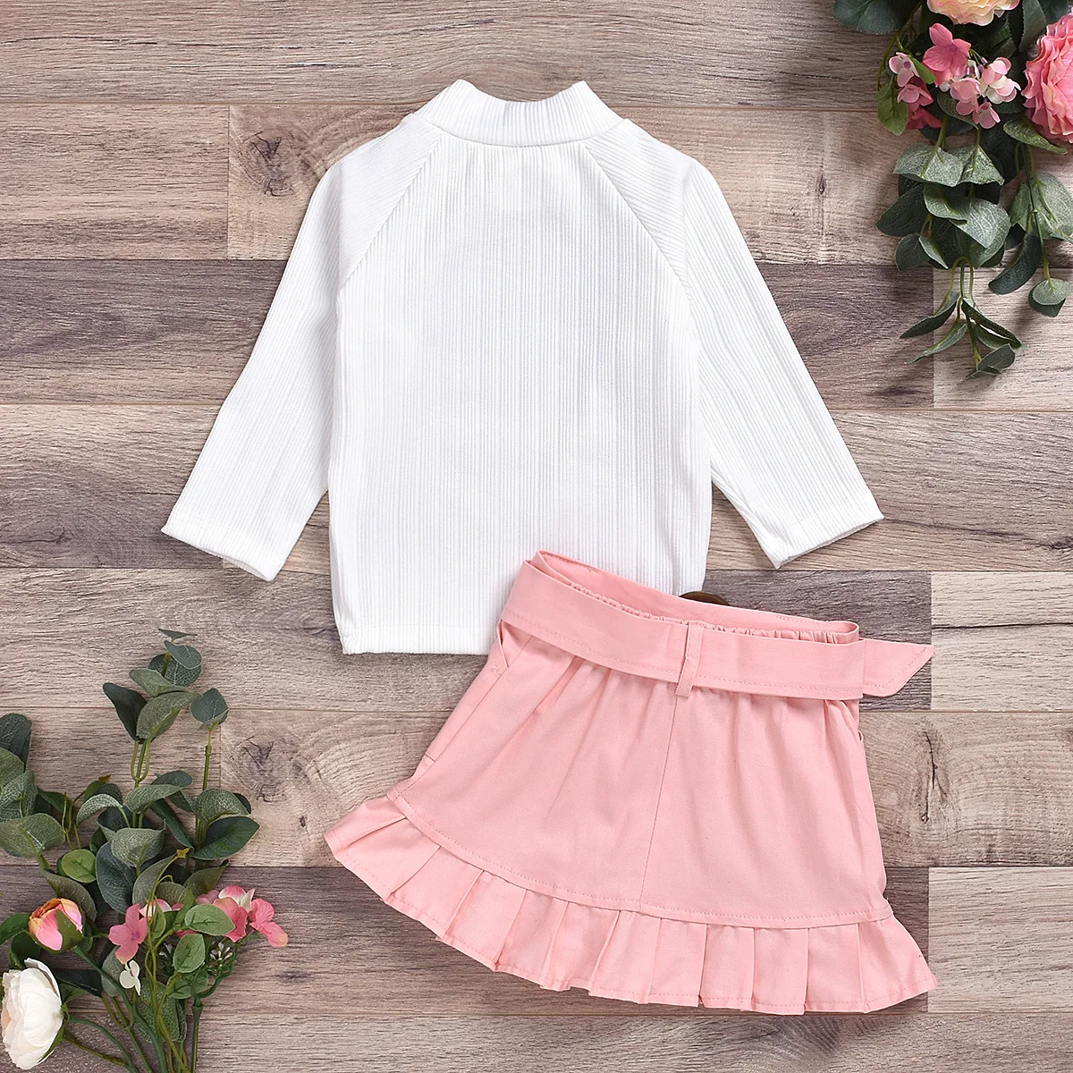 

2020 Autumn Winter Clothes Long Sleeve Turtleneck White Shirt Tops Ruffles Button Skirt 2PCS Fashion Children Clothing Set