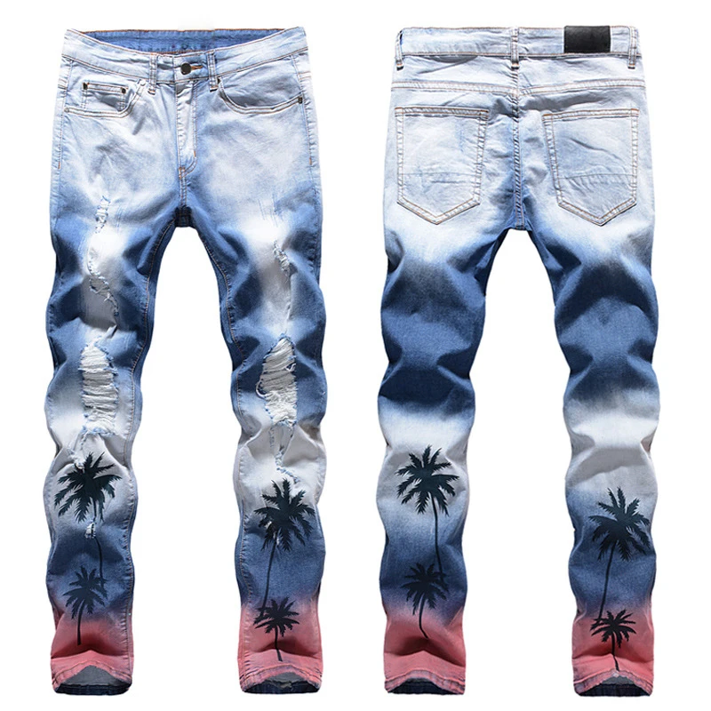 

Men’s High Quality Tight-fit Stretch Jeans,Light Luxury Coconut Tree Print Denim Pants,Hole&Ripped Cool Style Casual Jeans;