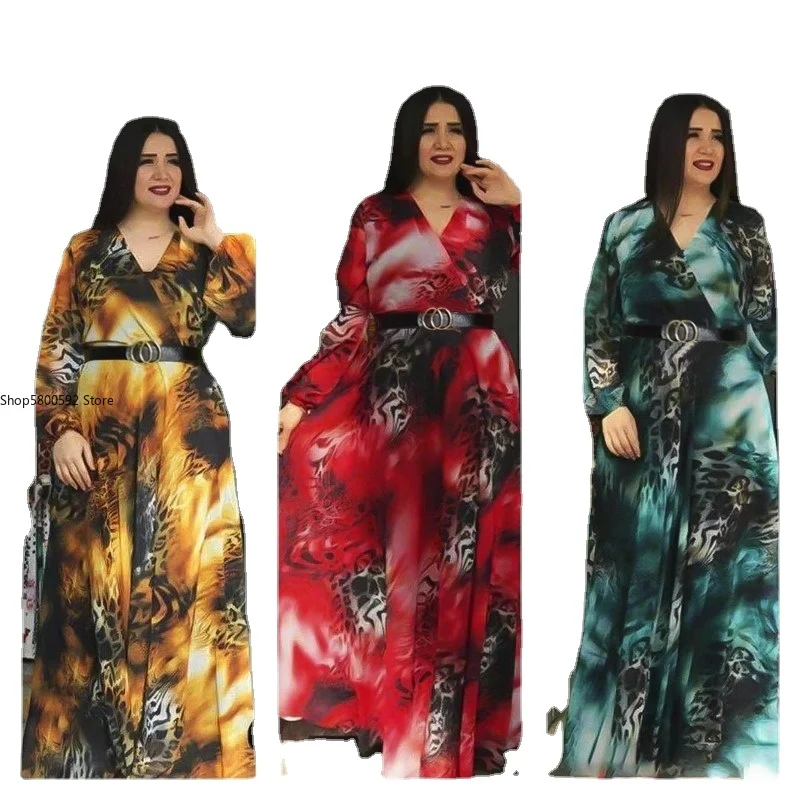 

African Dresses for Women 2021 Summer African Women Long Sleeve V-neck Printing Polyester Long Dress African Clothes