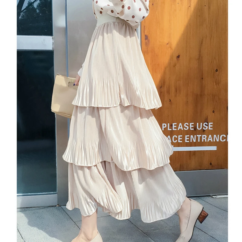 Женская длинная шелковая юбка Cakee многослойная плиссированная А-силуэта с