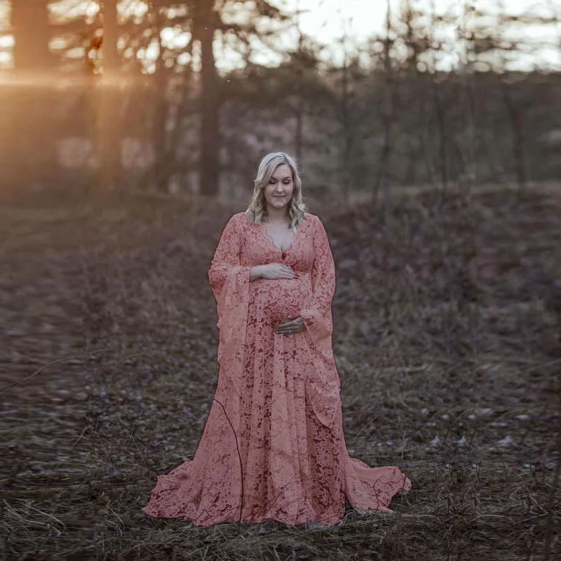 

Pregnant Women's Sexy Deep V-neck Flared Sleeve Lace Perspective Loose Split Tailed Dress Pregnant Women's Photography Dress