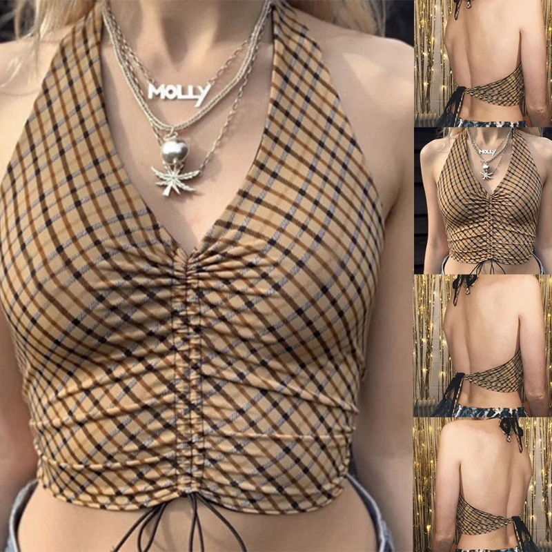 

Women Summer Sexy Halter Sleeveless Crop Top Deep V-Neck Backless Plaid Print Slim Camisole Ruched Drawstring Mini Vest
