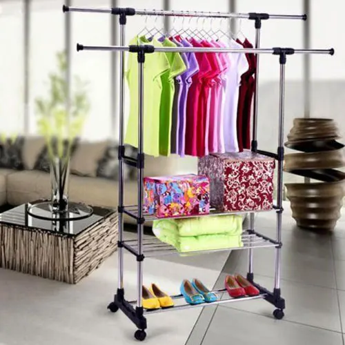 

Dual Bars Horizontal & Vertical Telescope Style 3 Tiers Stainless Steel Clothing Garment Shoe Rack B