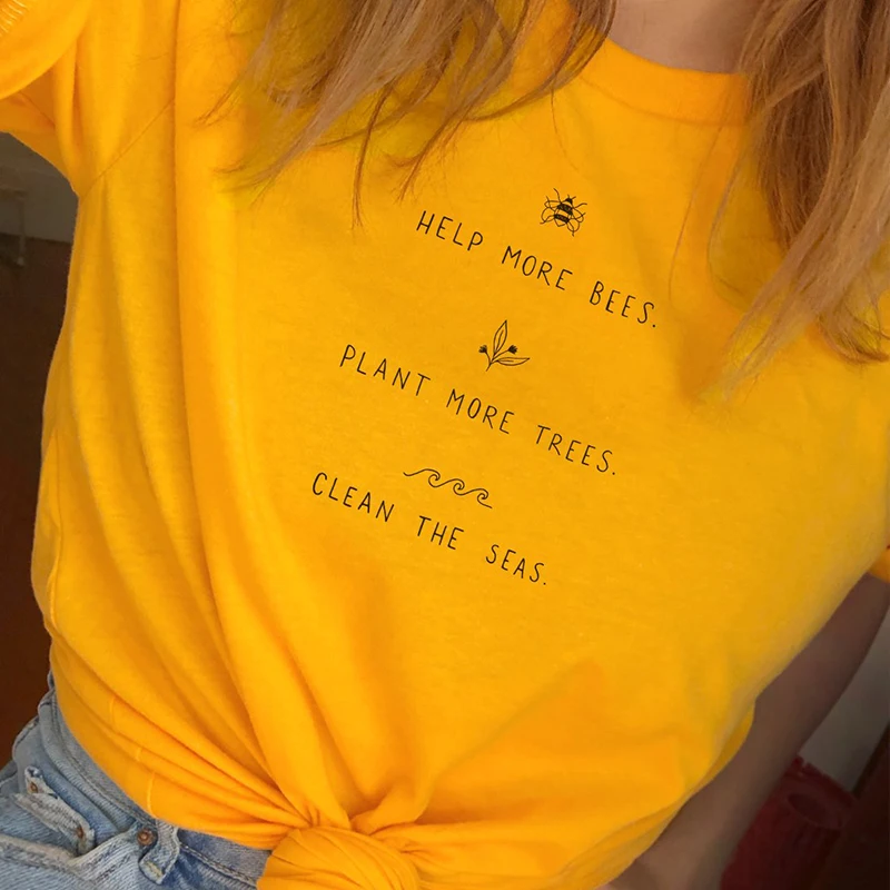 Plant More Trees, Clean the Seas, Help More Bees Women's Plus Size Casual Cotton Print T-Shirts with Short Sleeves and Vegan Tops image 2