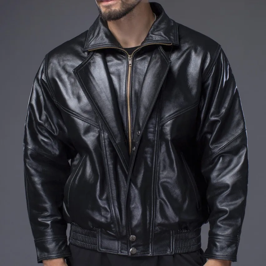 

New leather leather jacket men's motorcycle pilot leather middle-aged and old loose top layer cowhide jacket with cotton