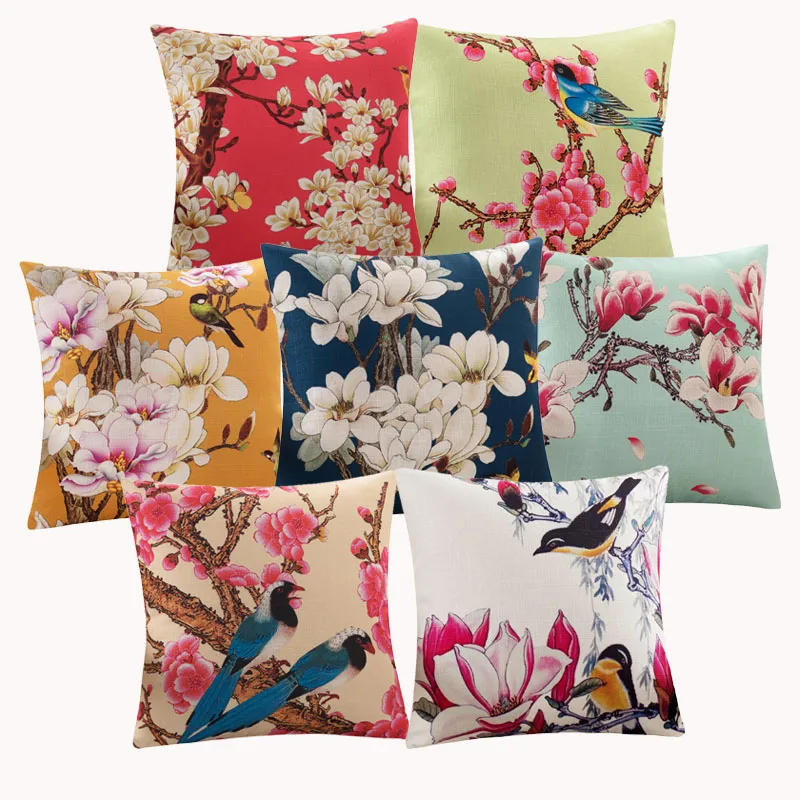 Весенняя наволочка с изображением цветов и птиц 45x45 хлопчатобумажная льняная для