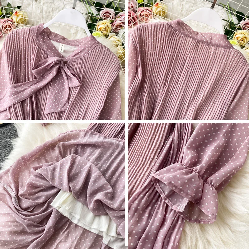 

New Spring Autumn 2021Vintage Polka Dot Pleated Long Sleeve Maxi Boho Dress Chic Women Bow Die Neck Puff Sleeve Chiffon Vestidos