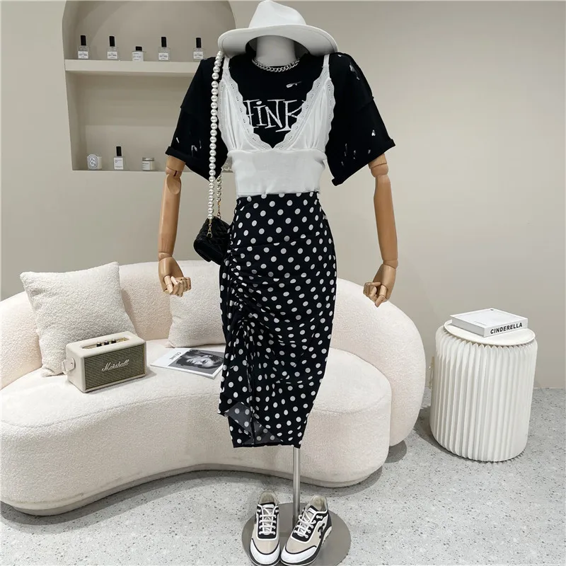 

Women's Spring Summer 2021 Fashion Slim split skirt with drawstring Irregular high waisted slim mid length polka dot skirt