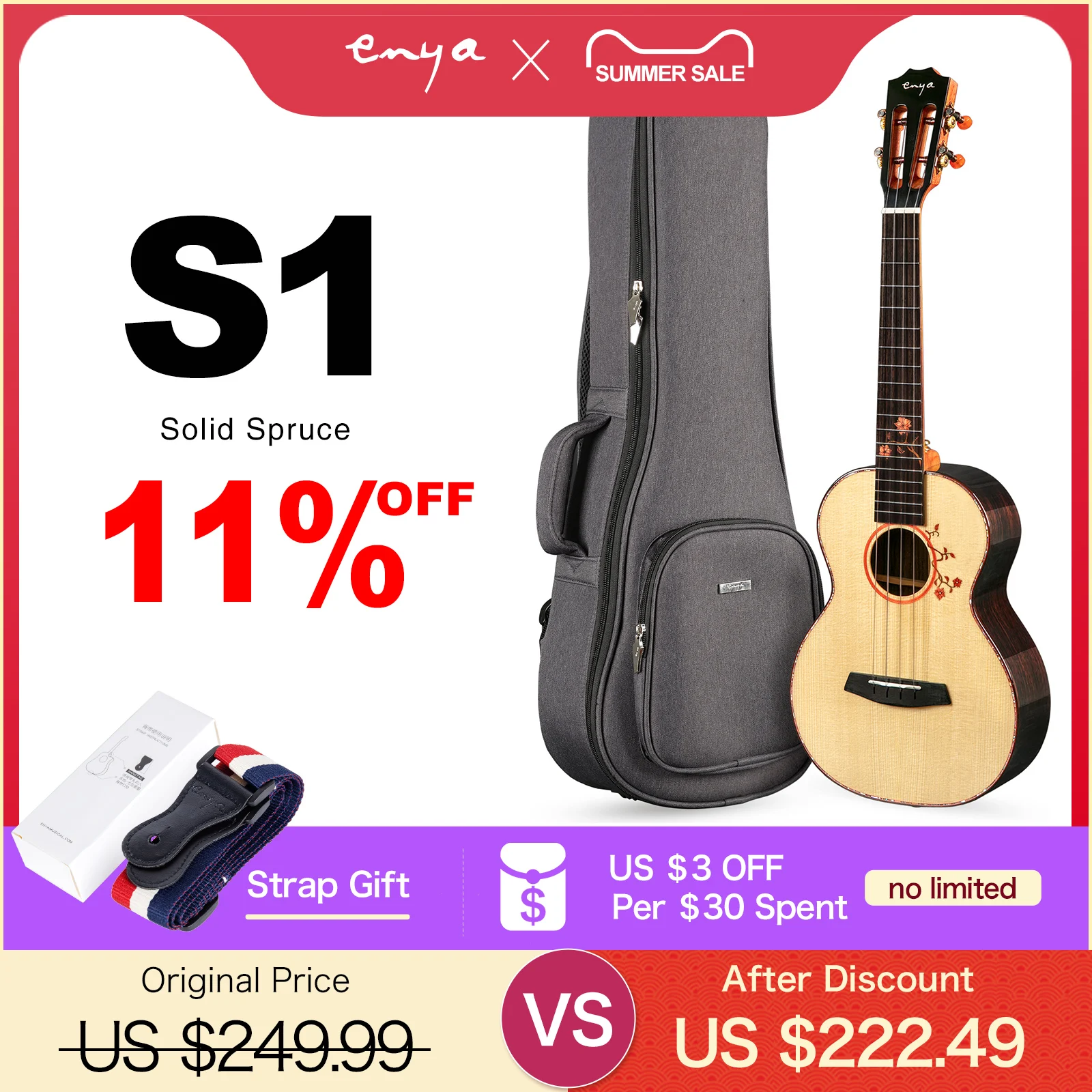 Enya Concert Tenor Ukulele однотонный топ из ели Engelman с твердой палисандр сзади и по бокам