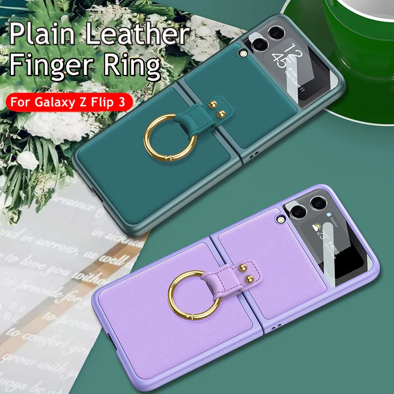case for samsung galaxy z flip 3 flip3 plain leather finger key ring cover hard plastic frame ring stand case free global shipping