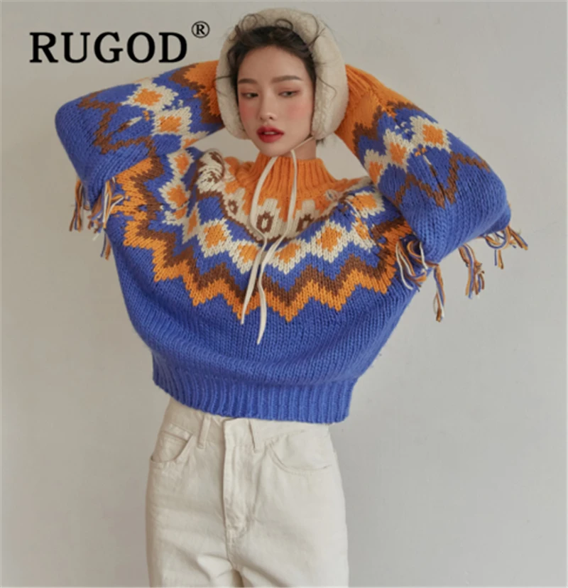 

RUGOD Chic knitted patchwork sweater women Korean lantern sleeve folk-custom pullovers female Fashion auturm warm sweater coat