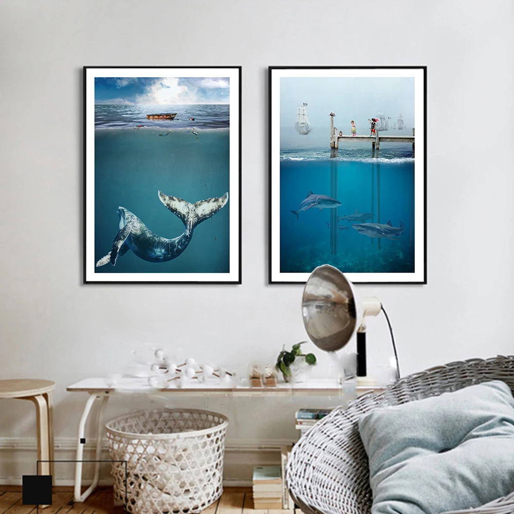 

Modern Underwater World Abstract Pirates Wall Art Canvas Painting Picture Big Fish Posters and Prints Living Room Home Decor