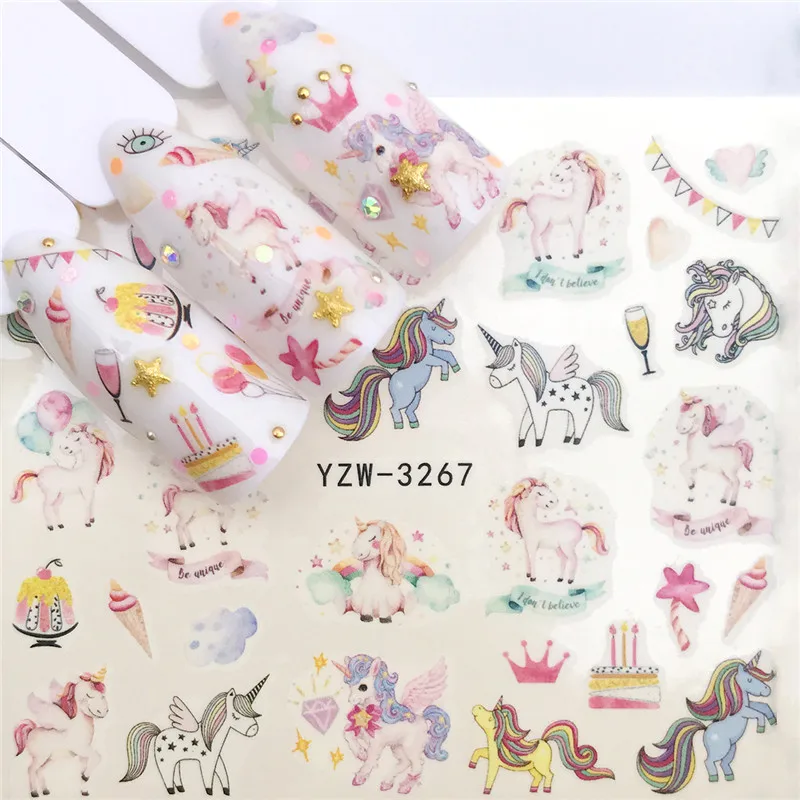 1 шт. милые наклейки для ногтей в виде единорога водные переводные украшение
