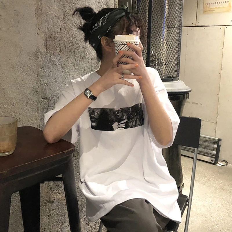 Женские футболки с принтом в стиле ретро уличная одежда Корейском круглым