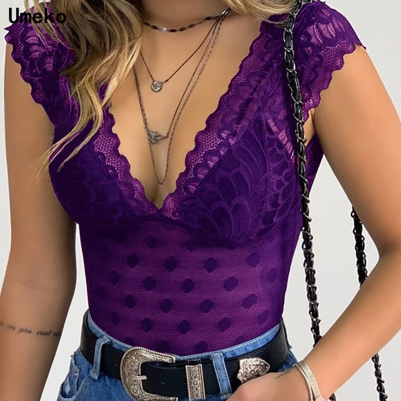 

Sexy T-shirt Lace V-neck Sleeveless Mesh Tees Tops for Women Summer See Through Basic Solid Elegant slim T Shirt Ladies Y2k
