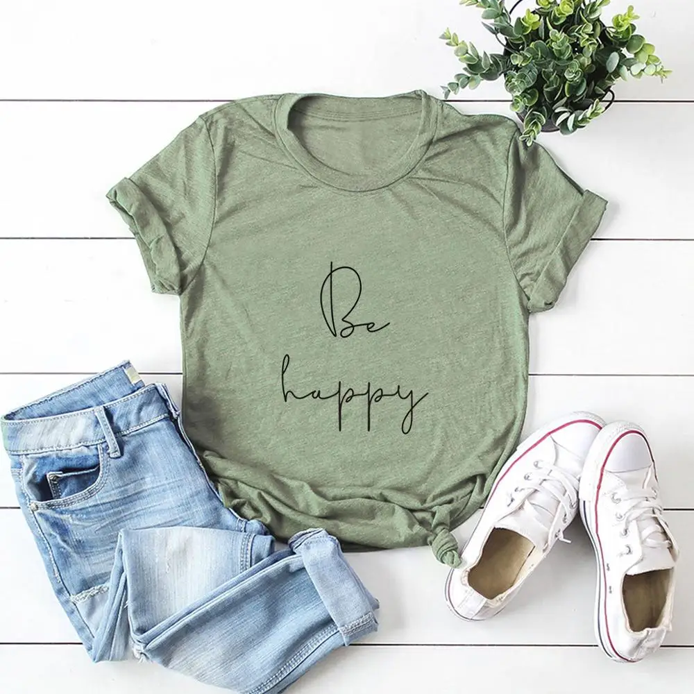 Be Happy Letter Printed Casual Girls T-Shirts Simple loose Summer Women short Sleeve Office Tees Tops Plus size XXXXL 5XL | Женская
